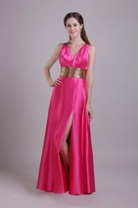 Hot Pink v-Neck Slitted Prom Dress for Girls with Crisscross Back