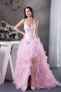 Halter Pink High-Low Dress for Prom with Flowers And Ruffles