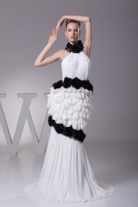 Unique Halter White Brush Train Prom Dress with Flowers