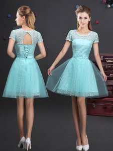 Elegant Scoop Aqua Blue Short Sleeves Mini Length Lace and Appliques and Belt Lace Up Quinceanera Court of Honor Dress