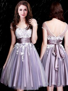 Short Sleeves Knee Length Appliques and Belt Zipper Dama Dress with Lavender