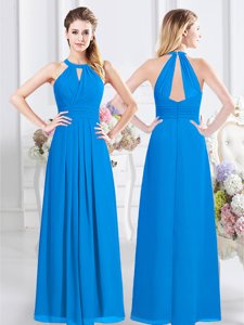 Fashion Halter Top Ruching Dama Dress for Quinceanera Baby Blue Zipper Sleeveless Floor Length