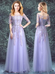 Square Lavender Lace Up Quinceanera Court of Honor Dress Appliques Half Sleeves Floor Length