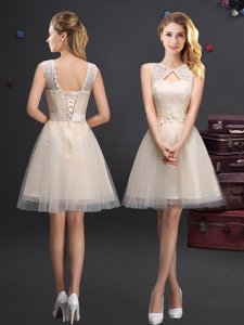 Scoop Champagne Sleeveless Tulle Lace Up Dama Dress for Prom and Party and Wedding Party