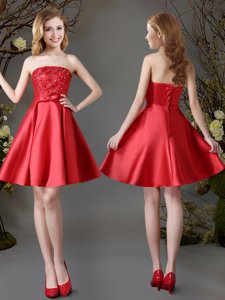 Ideal Strapless Sleeveless Lace Up Court Dresses for Sweet 16 Red Satin