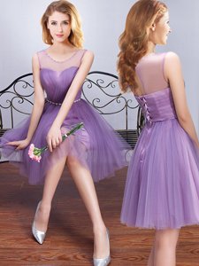 Fancy Scoop Sleeveless Mini Length Beading and Ruching and Belt Lace Up Quinceanera Court Dresses with Lavender