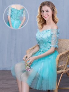 Delicate Off the Shoulder Aqua Blue Lace Up Quinceanera Court of Honor Dress Lace and Appliques and Bowknot Short Sleeves Knee Length