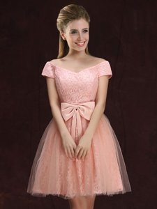 Off the Shoulder Short Sleeves Lace and Bowknot Lace Up Quinceanera Court Dresses