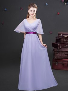 Shining Chiffon Half Sleeves Floor Length Court Dresses for Sweet 16 and Ruching and Belt