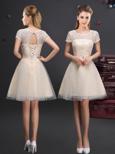 Scoop Short Sleeves Lace Up Mini Length Lace and Appliques and Belt Court Dresses for Sweet 16