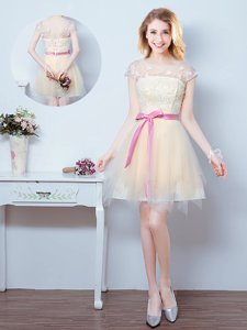 Scoop Short Sleeves Lace Up Damas Dress Champagne Tulle