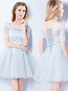 Fabulous Off the Shoulder Short Sleeves Lace Up Mini Length Lace Quinceanera Court Dresses