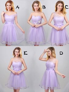 Flirting Lavender A-line Tulle Off The Shoulder Sleeveless Lace and Appliques and Belt Mini Length Lace Up Dama Dress for Quinceanera