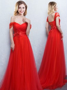 Custom Designed Off the Shoulder Red Tulle Lace Up Quinceanera Dama Dress Sleeveless With Brush Train Appliques and Ruching