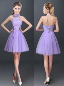 Halter Top Lavender Lace Up Vestidos de Damas Lace and Appliques Sleeveless Mini Length