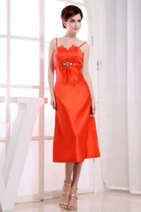 Beaded Orange Tea Length Prom Holiday Dress with Spaghetti Straps