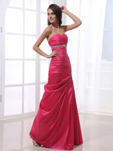 Ruched and Beaded Column Long Prom Gown Dresses in Hot Pink 2014