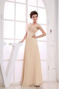Champagne Chiffon V-neck Prom Evening Dress with Ruches and Pleats