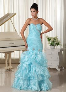 Ruffles and Beading Accent Organza Mermaid Prom Gown in Aqua Blue