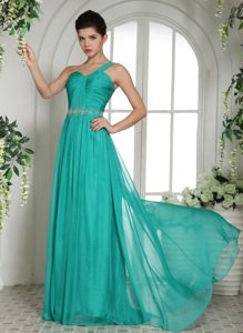 Beaded and Ruched One Shoulder Long Prom Court Dresses in Turquoise