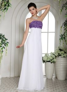Lavender Appliques Accent White Strapless Long Prom Court Dresses