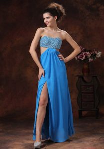 Discount Aqua Strapless Beaded Chiffon Prom Gown with Slit