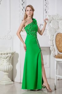 Green Flowery One Shoulder Prom Evening Dress with Beading and Ruches