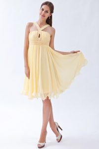 Beaded and Ruched Light Yellow V-neck Chiffon Prom Gown Dresses