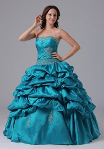 Turquoise Pick-up Quinceanera Dress With Beading and Appliques