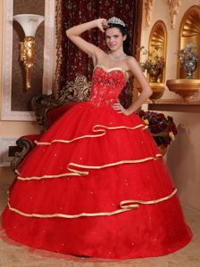Sweetheart Floor-length Red Beading Dresses 15 with Layers