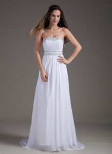 White Empire Rhinestones Brush Train Prom Bridesmaid Dresses