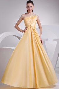 Beaded One Shoulder Yellow Taffeta Ruched Dress for Prom Queen