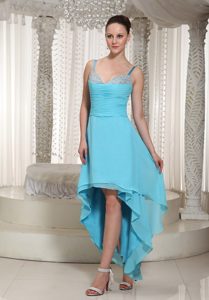 Aqua Blue High-low Beaded Prom Evening Dress with Spaghetti Straps