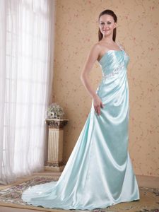 Light Blue Empire One Shoulder Decorated Appliques Prom Dress