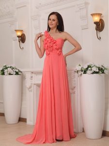 Watermelon One Shoulder with Flowers Brush Train Prom Pageant Dress