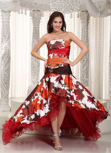 Colorful High-low A-line Strapless Organza and Printing Beading Prom Dress