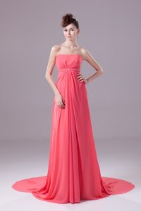 Strapless Watteau Train Beaded Coral Red Prom Evening Dress