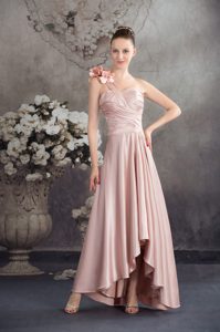 One Shoulder High-low Ruched Pink Prom Dress with Flowers