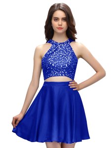 Royal Blue Two Pieces Taffeta Scoop Sleeveless Beading Mini Length Zipper Dress for Prom