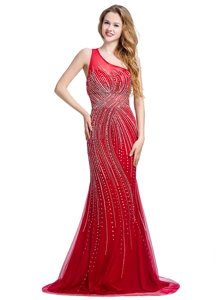 Red One Shoulder Zipper Beading Prom Evening Gown Brush Train Sleeveless