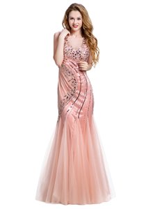 Cheap Mermaid Peach Sleeveless Floor Length Beading Lace Up Evening Dress
