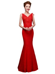 Fine Red Lace Lace Up V-neck Sleeveless Floor Length Prom Party Dress Lace