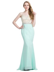 Sleeveless Satin Floor Length Zipper Prom Evening Gown in Champagne for with Appliques