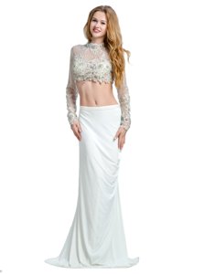 High End Brush Train Two Pieces Prom Evening Gown White High-neck Chiffon Long Sleeves With Train Backless