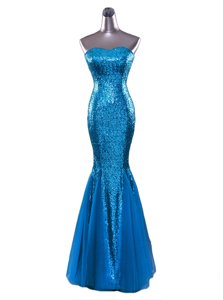 Mermaid Floor Length Zipper Evening Dress Blue and In for Prom and Party with Sequins