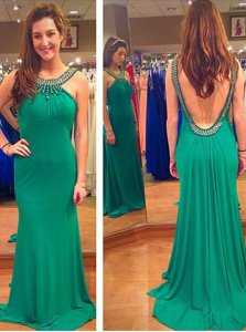 Super Mermaid Green Sleeveless Chiffon Sweep Train Backless Prom Party Dress for Prom and Party