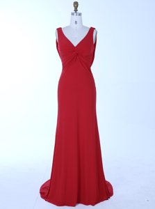 Captivating Mermaid Zipper Prom Dress Red and In for Prom and Party with Beading Brush Train
