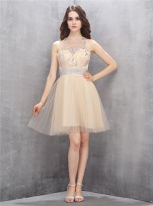 Scoop Knee Length Champagne Dress for Prom Tulle Sleeveless Beading