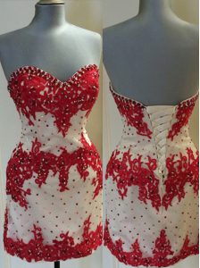 Mini Length White And Red Evening Dress Lace Sleeveless Appliques