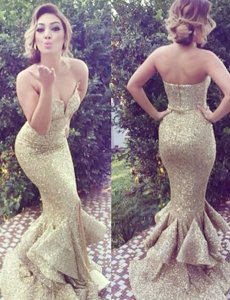 Mermaid Sequined Sweetheart Sleeveless Brush Train Zipper Ruffles Prom Dress in Gold